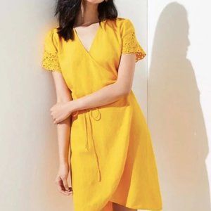 Gold Yellow LOFT Linen Blend A-Line Wrap Dress Eyelet Sleeves Sunflower XSP